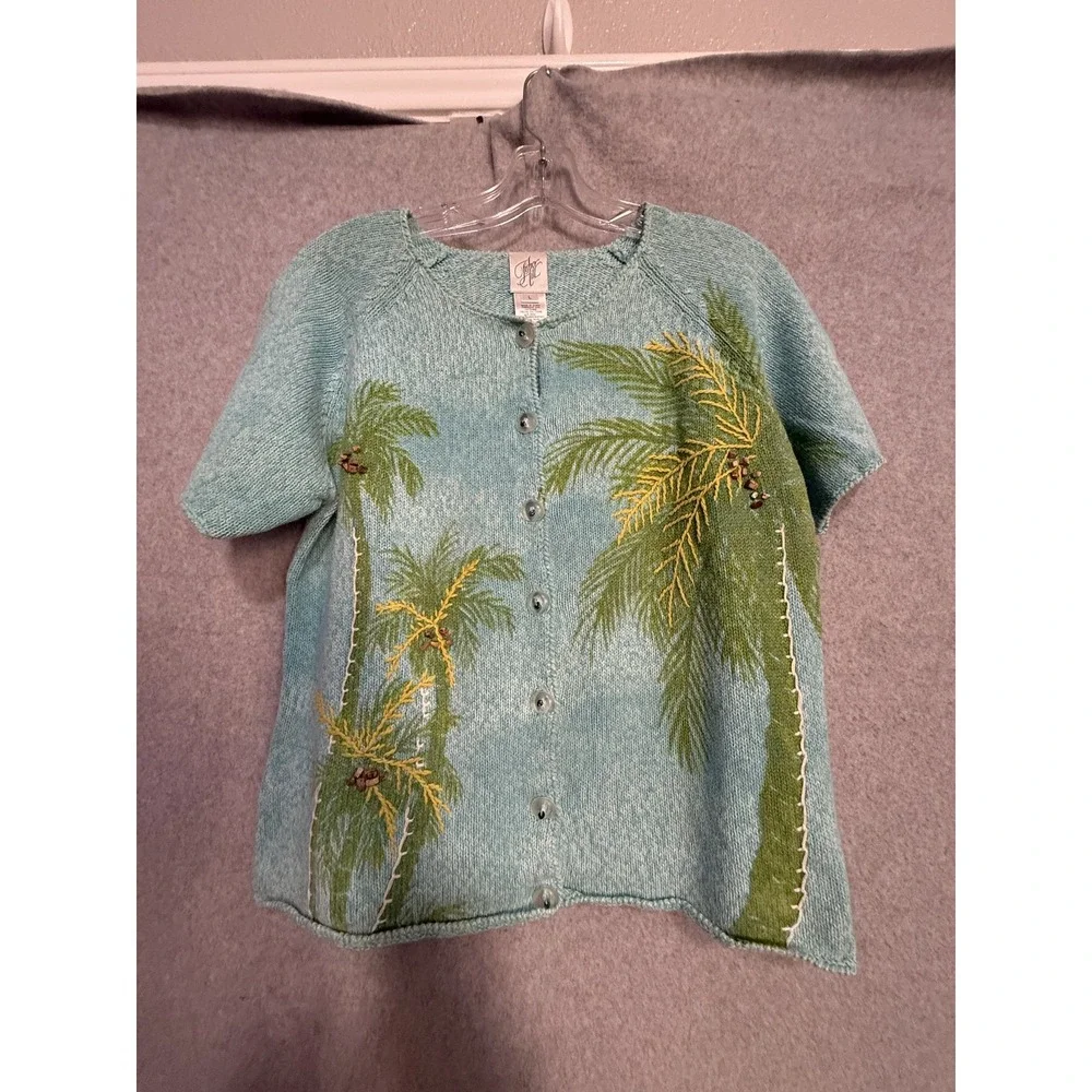 Vintage Fisher Hill Cardigan‎ Sweater Womens Large Blue Palm Tree Embroidered